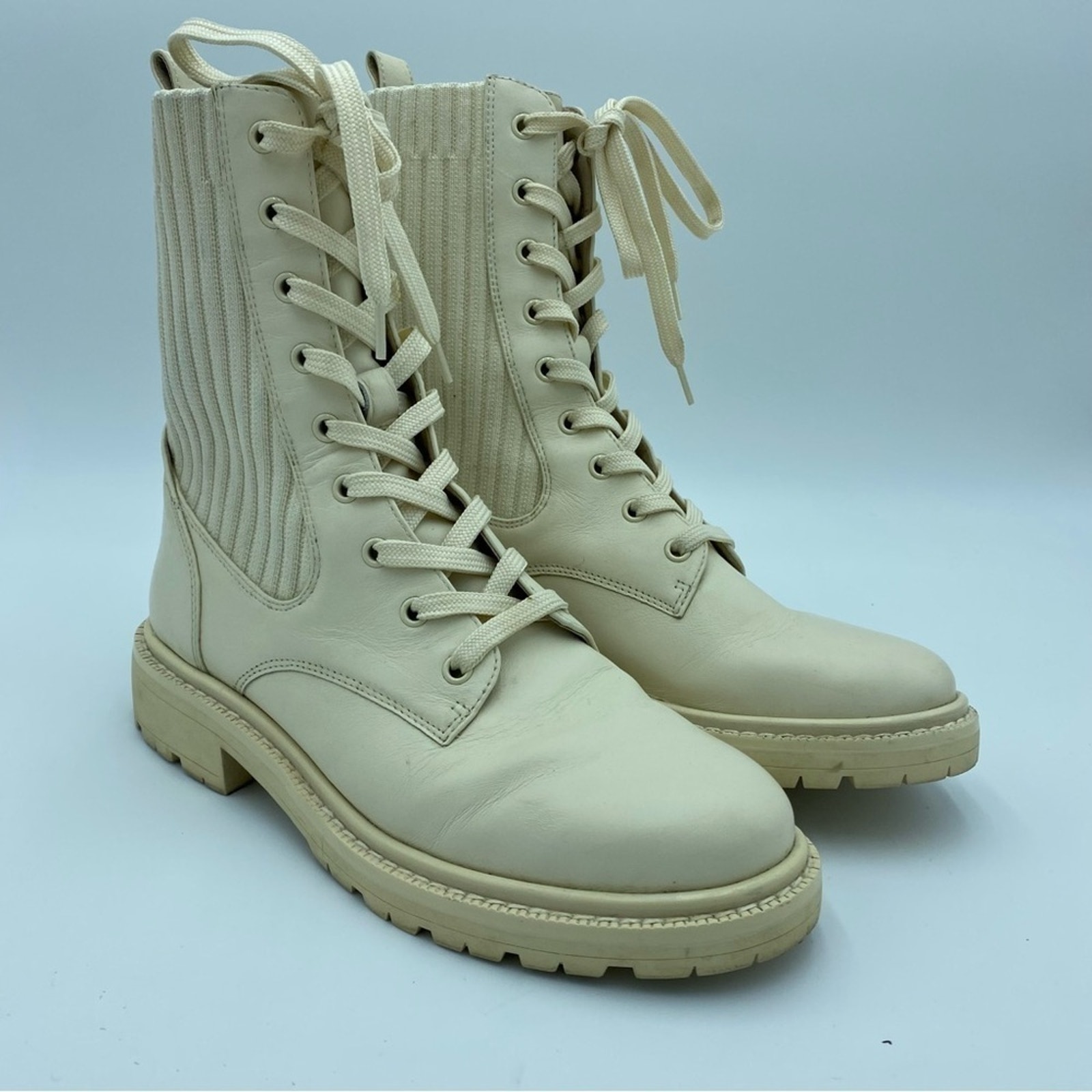 Sam Edelman Boots 7 Women's Ivory Lydell Mix Media Rib Knit Lace Up Whisigoth